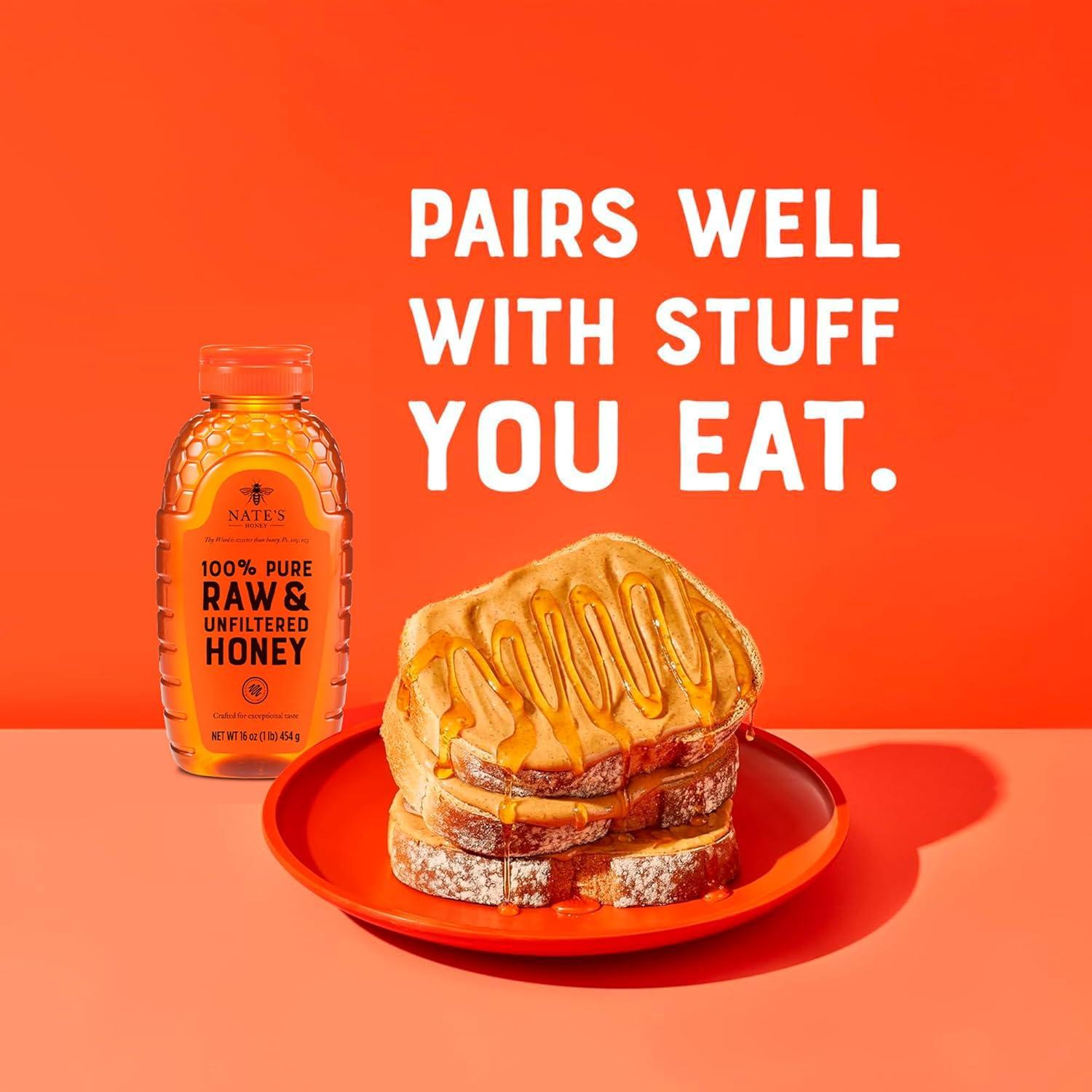 image:imageNates 100 Pure Raw amp Unfiltered Honey NoDrip Sustainable Squeeze Pouch Purity Guarantee No Additives 14 OunceBottle