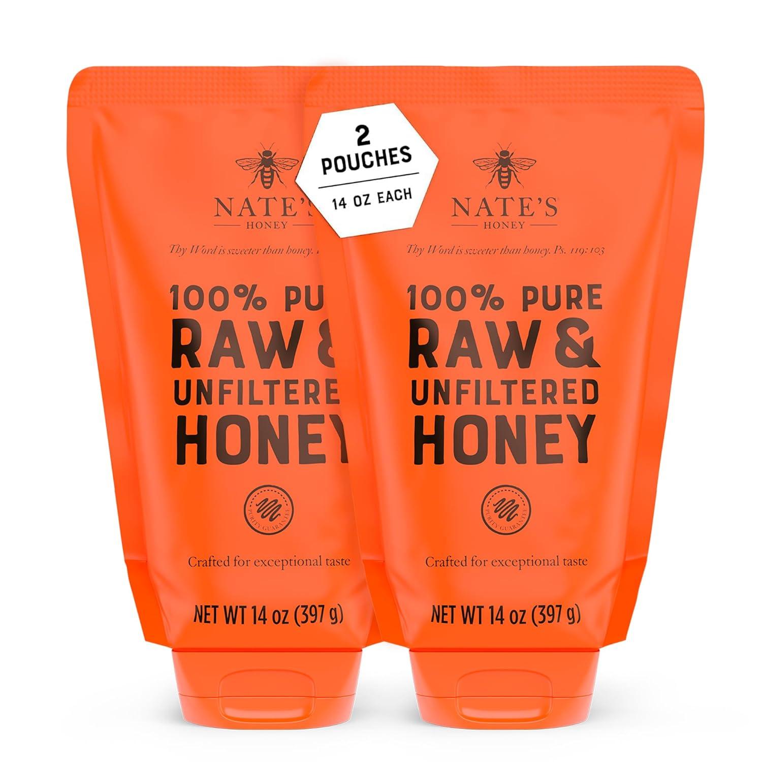 image:imageNates 100 Pure Raw amp Unfiltered Honey NoDrip Sustainable Squeeze Pouch Purity Guarantee No Additives 14 OuncePouch