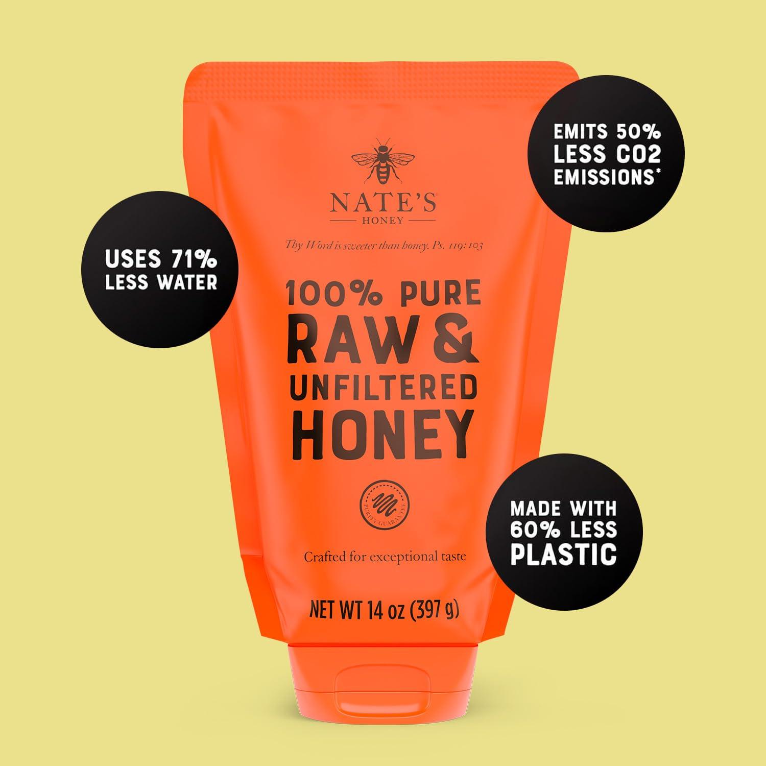 image:imageNates 100 Pure Raw amp Unfiltered Honey NoDrip Sustainable Squeeze Pouch Purity Guarantee No Additives 14 OuncePouch