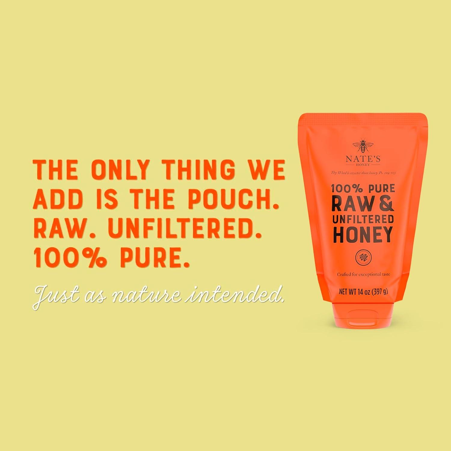 image:imageNates 100 Pure Raw amp Unfiltered Honey NoDrip Sustainable Squeeze Pouch Purity Guarantee No Additives 14 OuncePouch