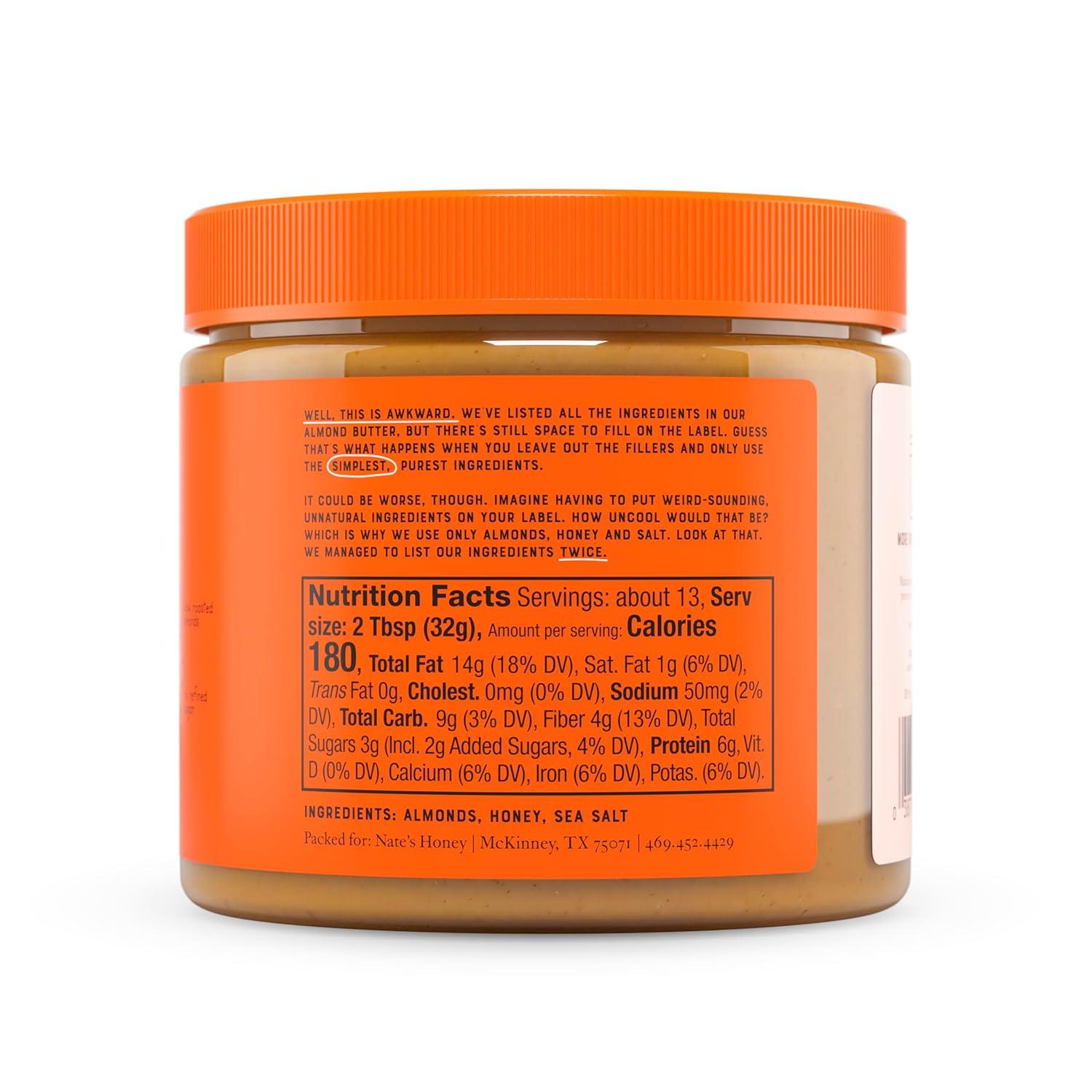 image:imageNates Honey Almond Butter Creamy AllNatural No Palm Oil No Refined Sugar 3 Real Ingredients Sweetened Only with Pure Honey 15 oz Jar