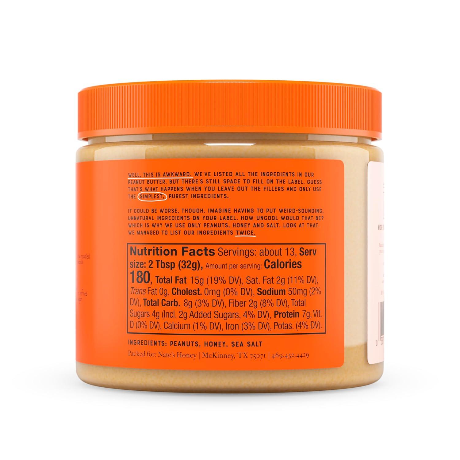 image:imageNates Honey Peanut Butter Creamy AllNatural 3 Real Ingredients Sweetened Only with Pure Honey 15 oz Jar No Refined Sugar No Palm Oil Easy to Stir