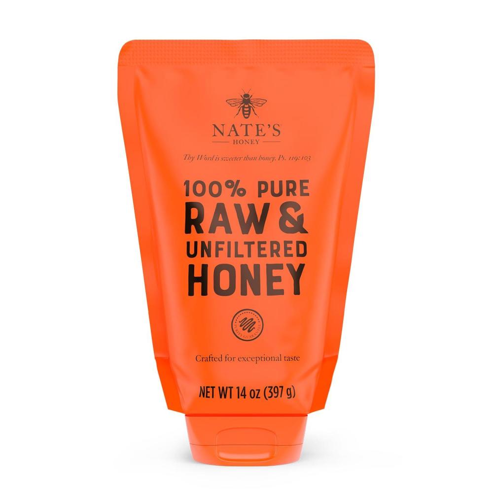 image:imageNates 100 Pure Raw amp Unfiltered Honey NoDrip Sustainable Squeeze Pouch Purity Guarantee No Additives 14 OuncePouch