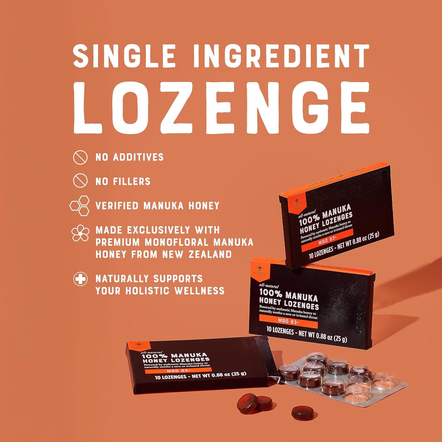 image:imageNates Manuka Honey Lozenges MGO 83  Soothing Throat Lozenges with New Zealand Manuka Honey for Natural Immune Support  10Count Blister Pack